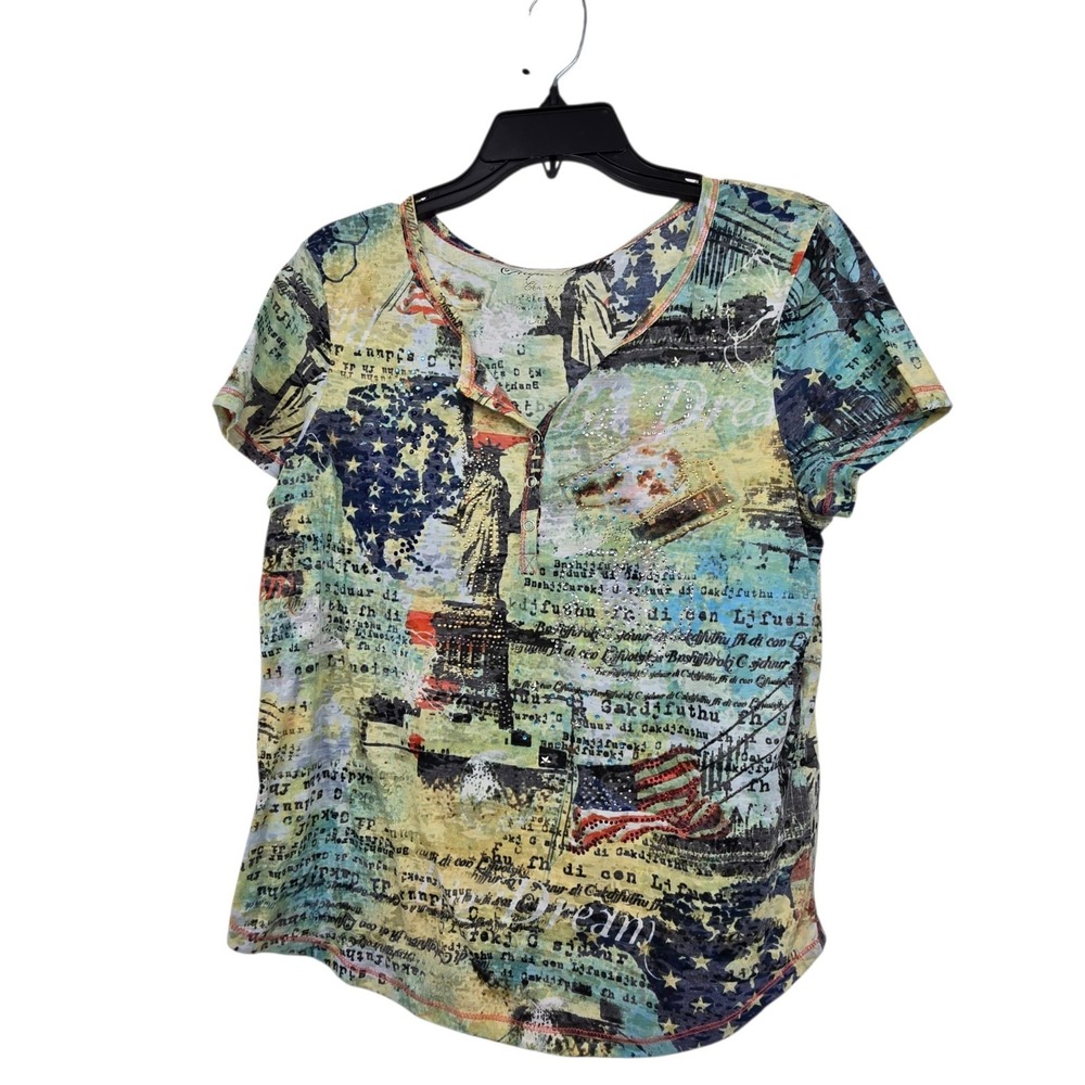 Vintage 90s Y2K Onque Patriotic Henley Top Women Petite L Colorful Flag Stars NY